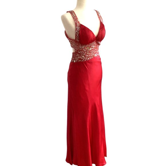 Jovani Red Sequin Embellished Satin 100% Silk Maxi Dress Gown Size 4 - Picture 2 of 16